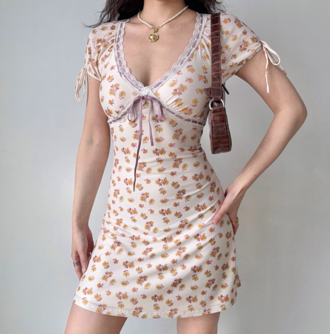 Sweet Women Dress V-neck Lace Print Floral Short Skirt Women Teenage Girl Dress Date Dress  D2272