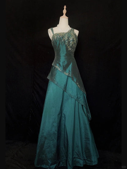 Formal Prom Dress Asymmetrical Straps Beading Tiered Evening Dress Gala Dress Business Dinner Dress D2292