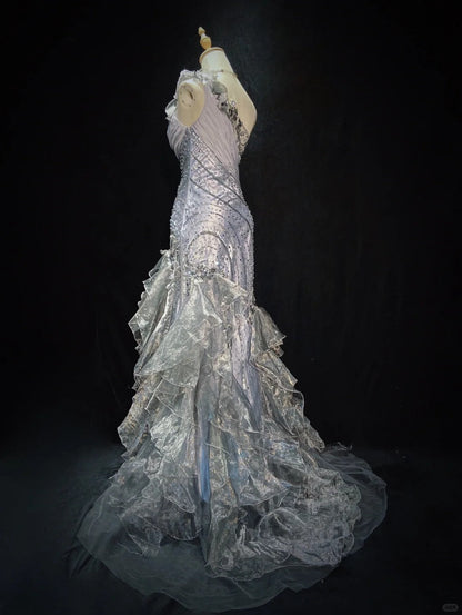 Beauty Prom Dress One Shoulder Tulle Ruffle Gala Dress Evening Dress Business Dinner Dress   D2324