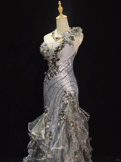 Beauty Prom Dress One Shoulder Tulle Ruffle Gala Dress Evening Dress Business Dinner Dress   D2324
