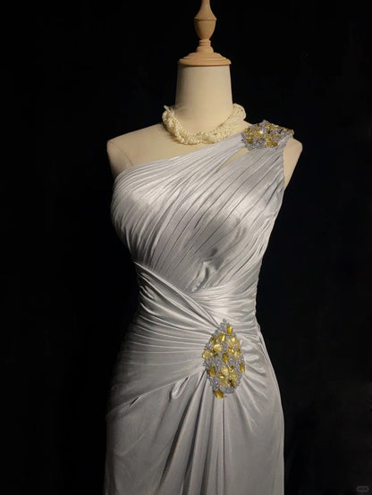 Elegant Prom Dress One Shoulder Blackless Pleated Gala Dress Evening Dress Business Dinner Dress   D2325