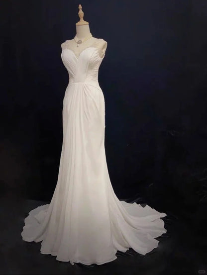 Elegant Prom Dress White Pleated Crystal Prom Gown Evening Dress Gala Dress Business Dinner Dress   D2347