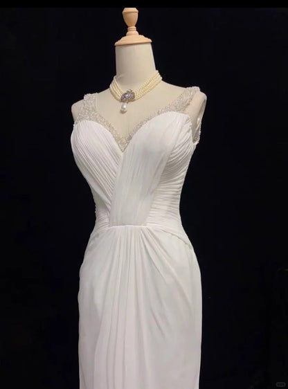 Elegant Prom Dress White Pleated Crystal Prom Gown Evening Dress Gala Dress Business Dinner Dress   D2347