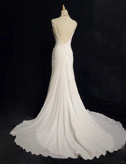 Elegant Prom Dress White Pleated Crystal Prom Gown Evening Dress Gala Dress Business Dinner Dress   D2347