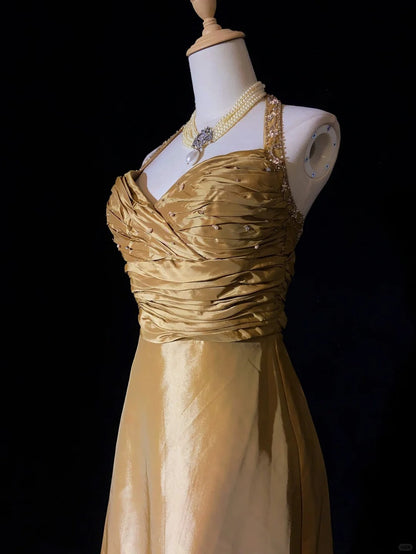 Elegant Prom Dress A Line Halter Beading Pleated Party Dress Evening Dress Gala Dress Prom Gown  D2359