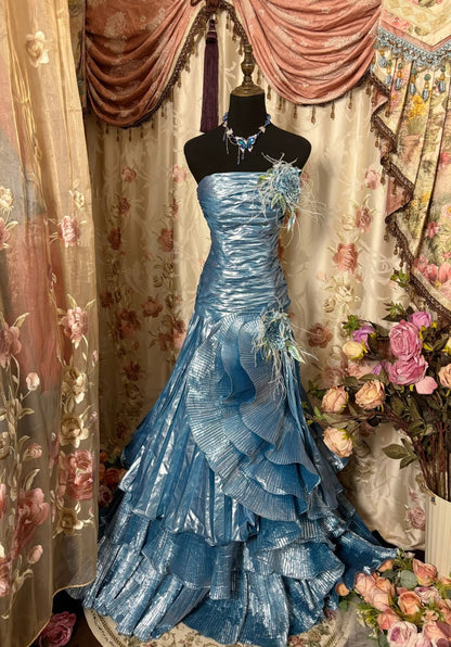 Stunning Prom Dress Strapless Pleated Ruffle Prom Gown Evening Gala Dress Business Dinner Dress     D2375