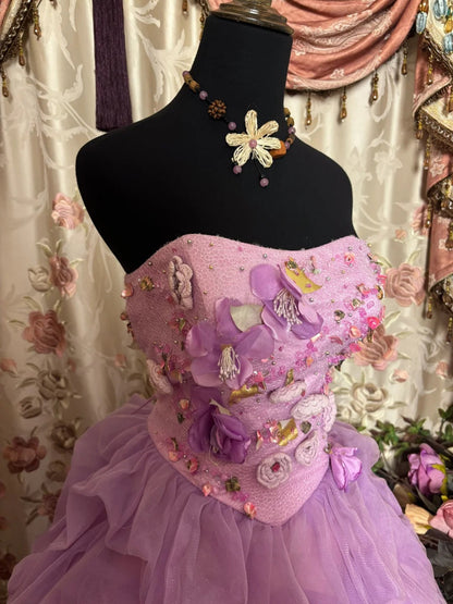 Sweet Prom Dress Strapless Flower Pleated Ball Gown Evening Dress Party Birthday Dress  D2391