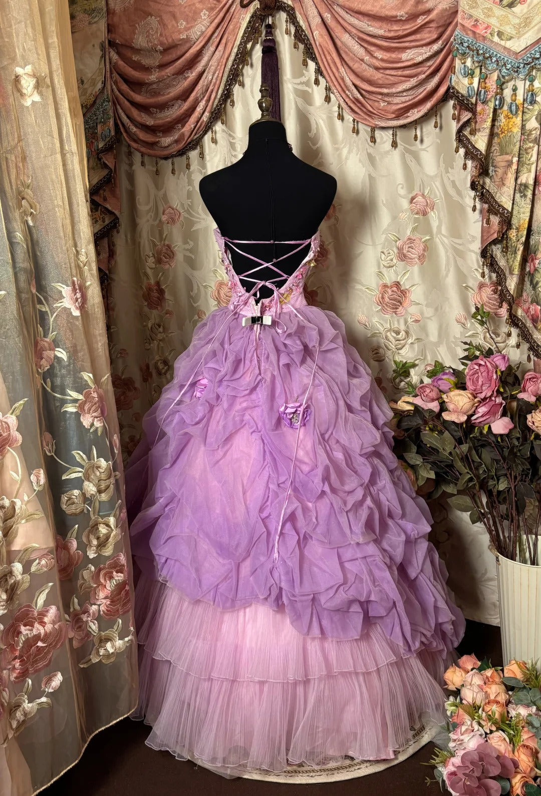 Sweet Prom Dress Strapless Flower Pleated Ball Gown Evening Dress Party Birthday Dress  D2391