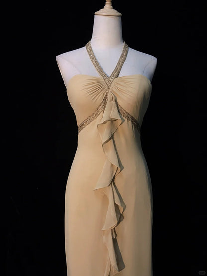 Elegant Prom Dress Halter Pleated Ruffle Evening Dress Gala Dress Business Dinner Dress  D2419