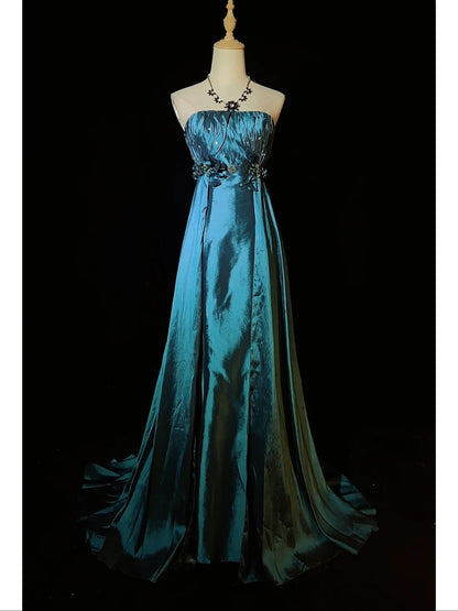 Gorgeous Prom Dress A Line Strapless Pleated Flower Long Prom Gown Evening Dress Gala Dress Business Dinner Dress  D2428