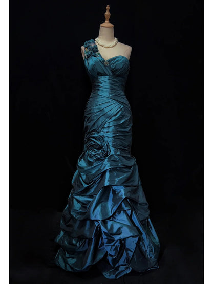 Gorgeous Prom Dress One Shoulder Pleated Flower Prom Gown Evening Dress Gala Dress Business Dinner Dress  D2432