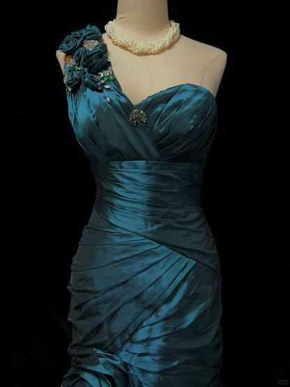 Gorgeous Prom Dress One Shoulder Pleated Flower Prom Gown Evening Dress Gala Dress Business Dinner Dress  D2432