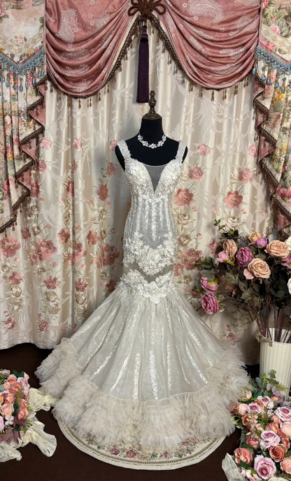 Stunning Prom Dress Straps Flower Pleated Mermaid Prom Gown Evening Dress Party Dress Gala Dress D2479