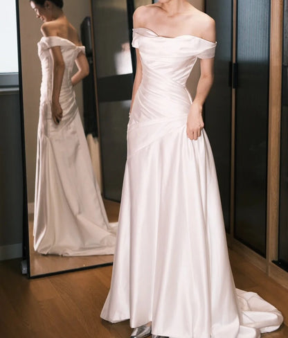 Elegant Prom Dress White Off Shoulder Pleated Prom Dress Evening Dress Gala Dress  D2556