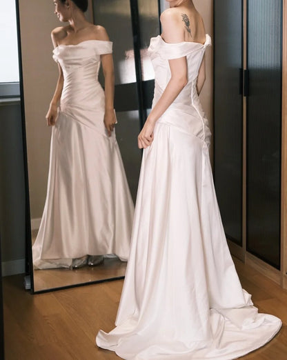 Elegant Prom Dress White Off Shoulder Pleated Prom Dress Evening Dress Gala Dress  D2556
