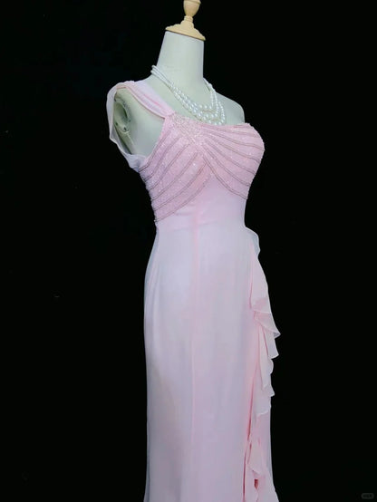 Sweet Prom Dress One Shoulder Ruffle Slit Prom Gown Gala Dress Evening Dresses    D2599