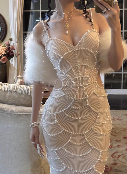 Stunning Prom Dress Spaghetti Straps Pearl Evening Dresses Birthday Party Dress Prom Gown Gala Dress  D2616