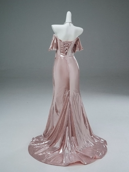 Elegant Prom Dress Pink Off Shoulder Pleated Mermaid Prom Gown Gala Dress Evening Dress   D2629