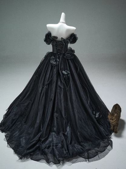 Stunning Prom Dress Black Off Shoulder Flower Pleated Ball Gown Evening Dress Masquerade Ball  D2645