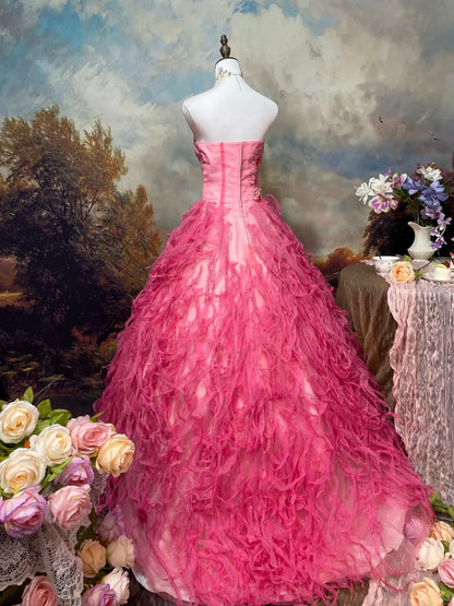 Sweet Prom Dress Strapless Tulle Pleated Ball Gown Evening Dress Quinceanera Dress   D2677