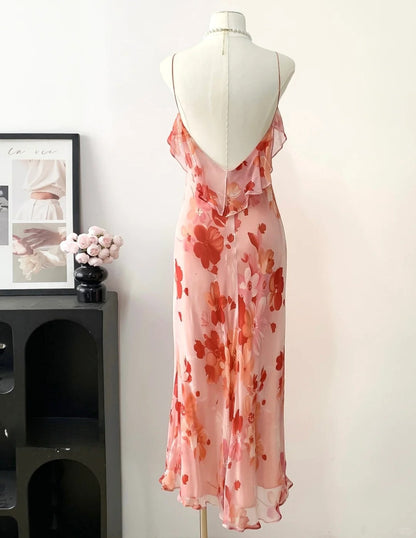 Elegant Prom Dress V-neck Print Ruffle Prom Gown Party Dresses    D2689