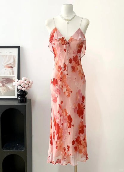 Elegant Prom Dress V-neck Print Ruffle Prom Gown Party Dresses    D2689