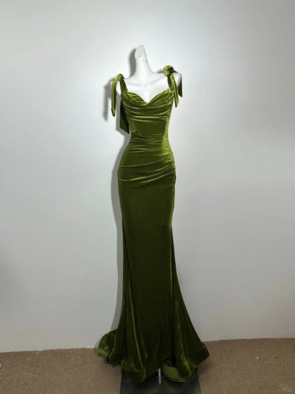 Gorgeous Prom Dress Velvet Spaghetti Straps Pleated Mermaid Evening Dress Wedding Guest Dress   D2750