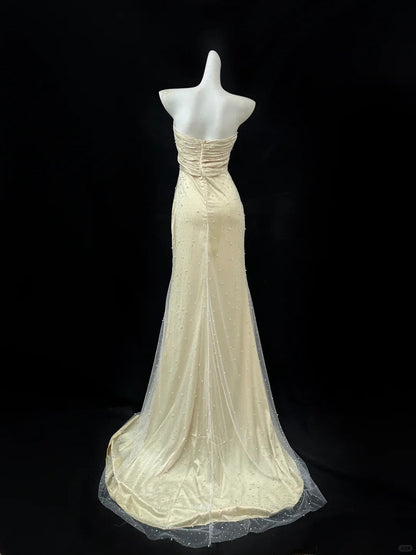 Beauty Prom Dress Sweetheart Pleated Pearl Rhinestone Evening Dress Gala Dress  D2755