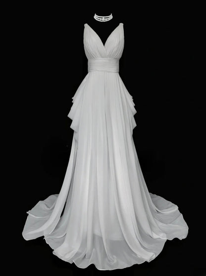 Elegant Prom Dress A Line V-neck Pleated Evening Dress Gala Dress D2825