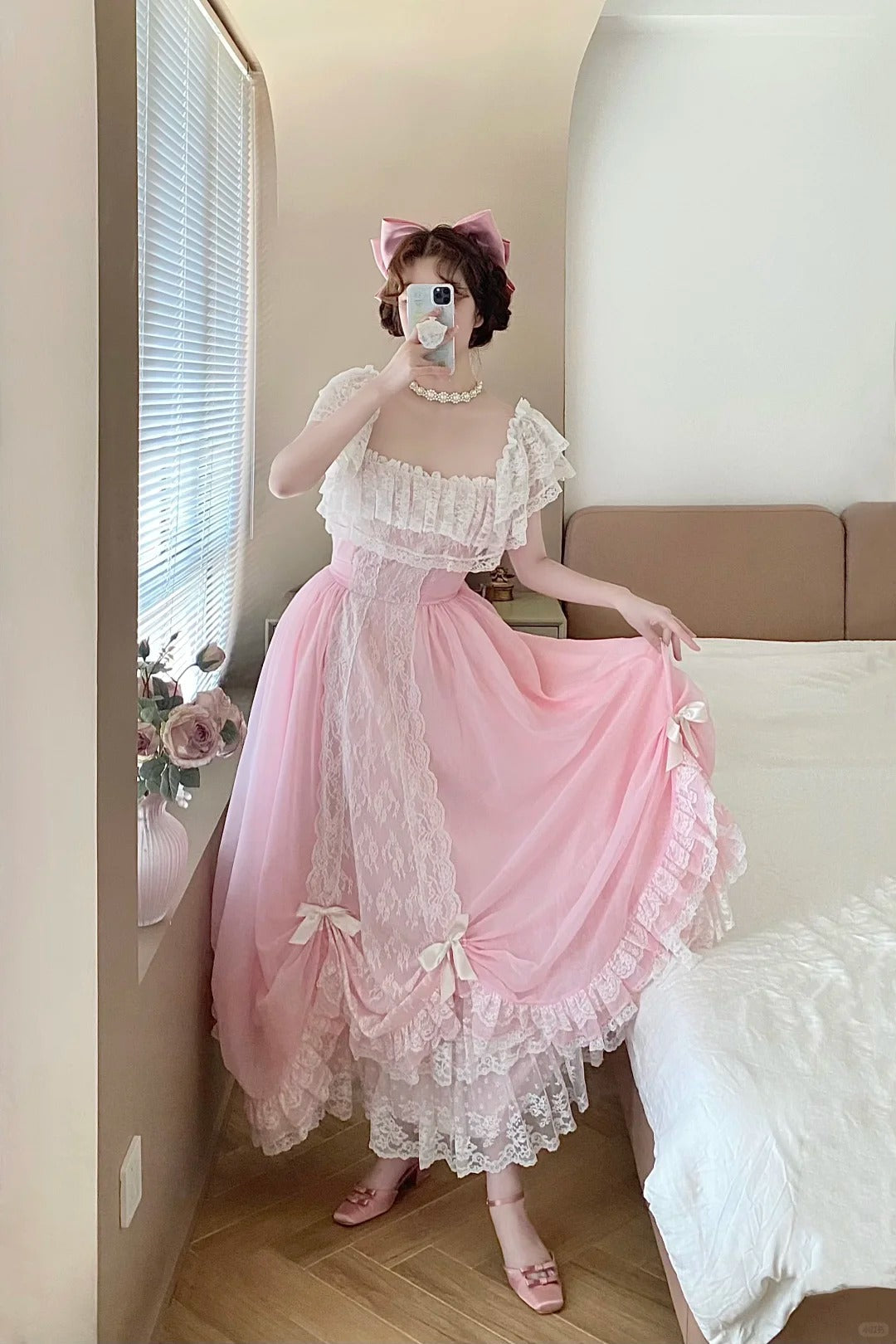 Sweet Prom Dress Pink Square Neck Pleated Ball Gown Evening Dress Quinceanera Dress  D2858