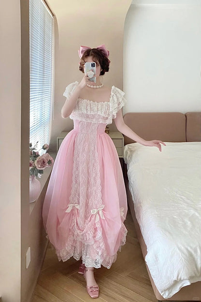 Sweet Prom Dress Pink Square Neck Pleated Ball Gown Evening Dress Quinceanera Dress  D2858