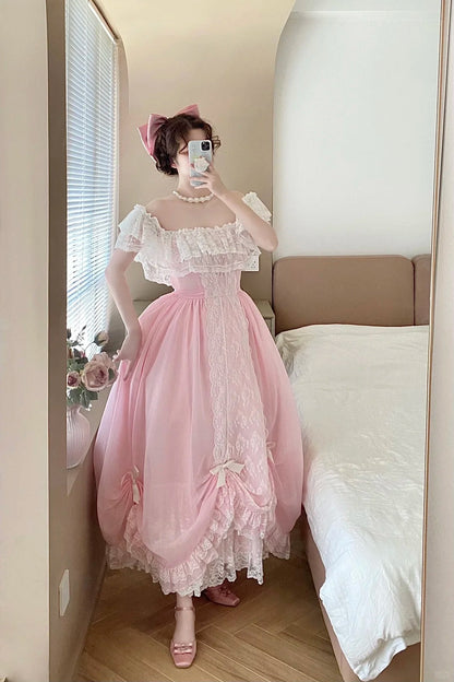 Sweet Prom Dress Pink Square Neck Pleated Ball Gown Evening Dress Quinceanera Dress  D2858