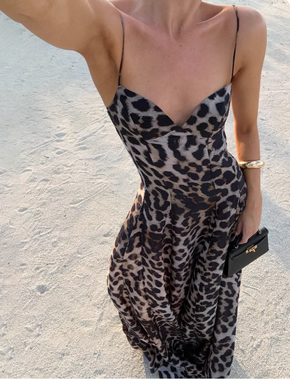 Stunning Summer Dress Spaghetti Straps Leopard Print Women Dress Vacation Outfits Party Dress   D2878