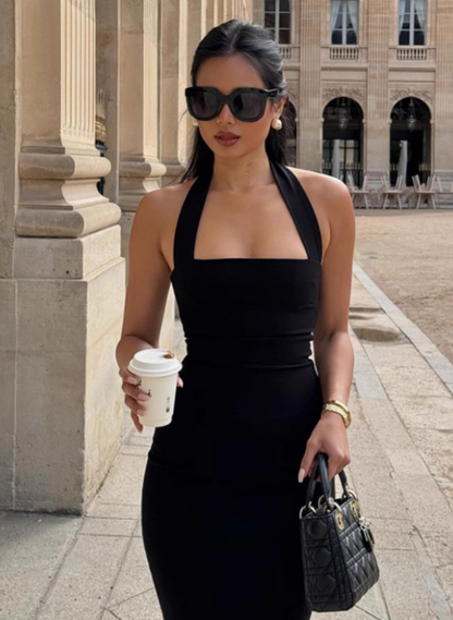 Minimalist Summer Dress Black Halter Ankle Length Women Dress Vacation Outfits Casual Dress     D2883