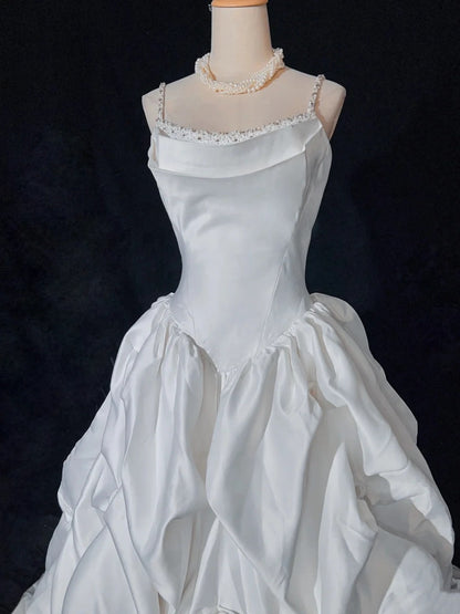 Elegant Spaghetti Straps Pleated Beading Wedding Dress Ball Gown  D2905