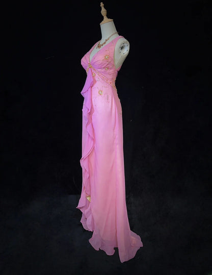 Sweet Prom Dress V-neck Pleated Ruffle Evening Dress Gala Dress    D2913