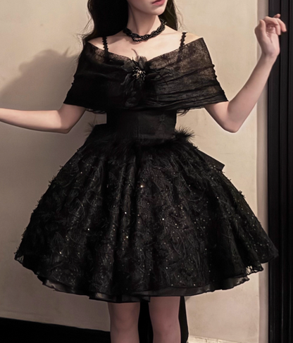 Unique Black Homecoming Dress Spaghetti Straps Pleated Birthday Party Dress Short Prom Dress Cocktail Dress   D2929
