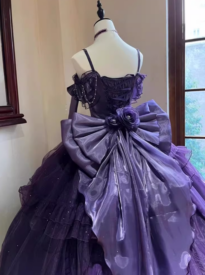 Beauty Prom Dress Purple Spaghetti Straps Pleated Tulle Ball Gown Evening Dress Quinceanera Dress  D2930