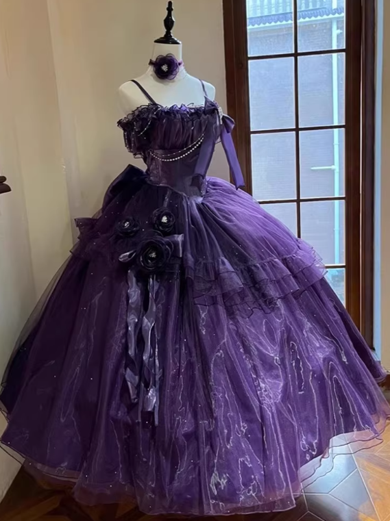 Beauty Prom Dress Purple Spaghetti Straps Pleated Tulle Ball Gown Evening Dress Quinceanera Dress  D2930