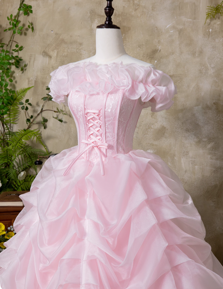 Sweet Prom Dress Pink Off Shoulder Ruffle Pleated Ball Gown Quinceanera Dress Princess Dresses  D2938