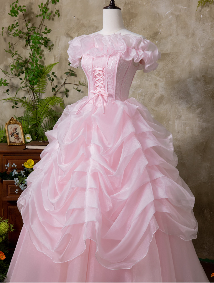 Sweet Prom Dress Pink Off Shoulder Ruffle Pleated Ball Gown Quinceanera Dress Princess Dresses  D2938