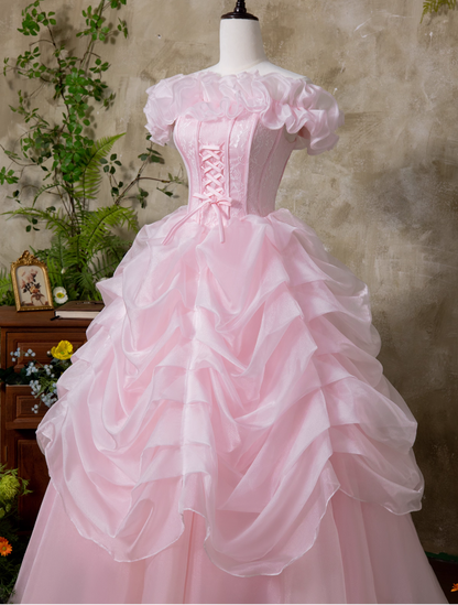Sweet Prom Dress Pink Off Shoulder Ruffle Pleated Ball Gown Quinceanera Dress Princess Dresses  D2938