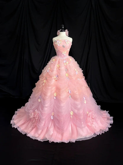 Sweet Prom Dress Strapless Flower Tulle Pleated Ball Gown Evening Dress Quinceanera Dress    D2839