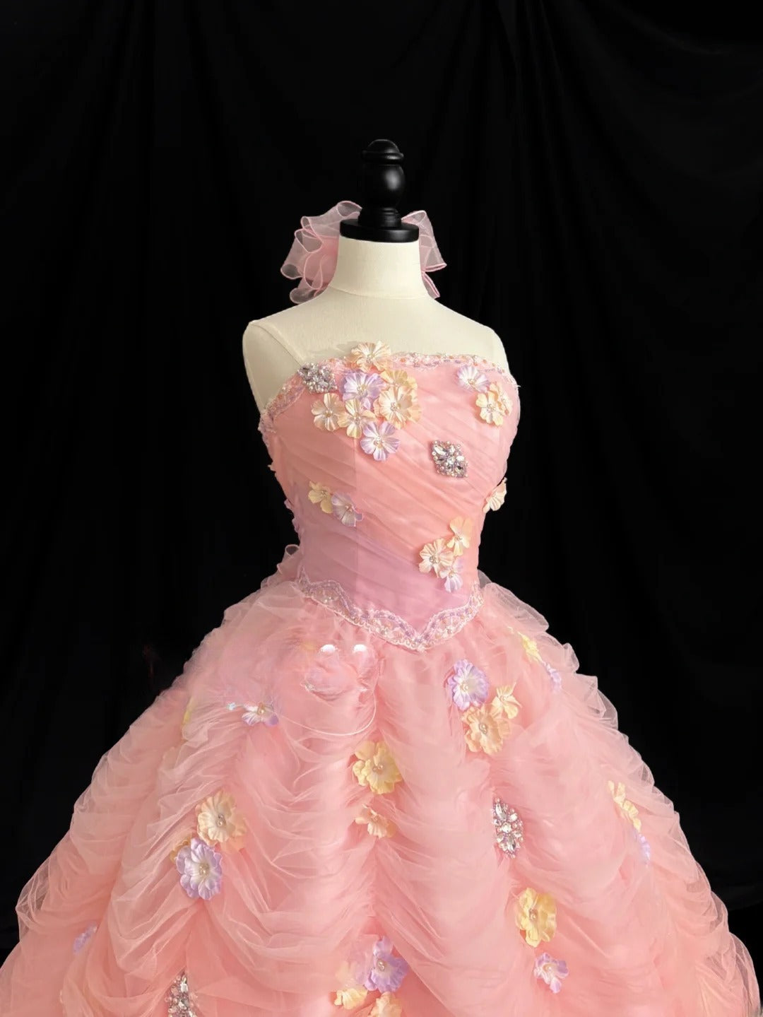 Sweet Prom Dress Strapless Flower Tulle Pleated Ball Gown Evening Dress Quinceanera Dress    D2839