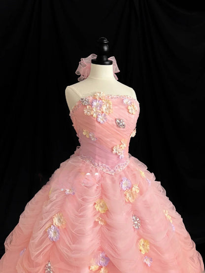 Sweet Prom Dress Strapless Flower Tulle Pleated Ball Gown Evening Dress Quinceanera Dress    D2839