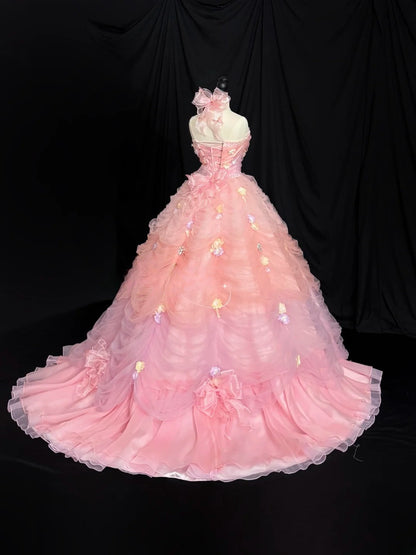 Sweet Prom Dress Strapless Flower Tulle Pleated Ball Gown Evening Dress Quinceanera Dress    D2839
