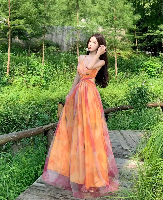 Stunning Women Dress Spaghetti Straps Pleated Summer Date Dress Seaside Party Dress    D2957