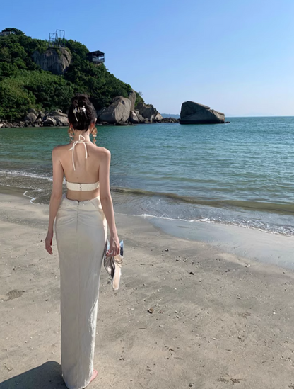 Elegant Women Dress Halter Backless Summer Seaside Dress Vacation Date Dress   D2961