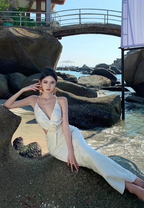 Elegant Women Dress Halter Backless Summer Seaside Dress Vacation Date Dress   D2961