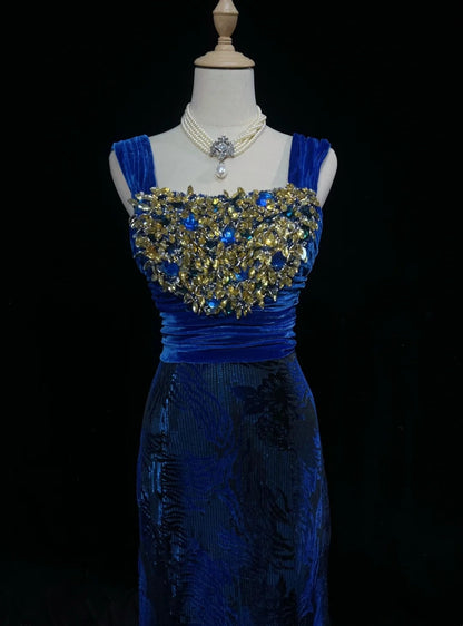 Gorgeous Prom Dress Navy Blue Square Neck Pleated Mermaid Long Evening Dresses Gala Dress D2984